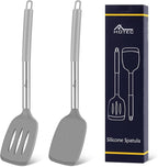 HOTEC Silicone Spatula Set of 2 Heat-Resistant 600°F & BPA-Free Kitchen SaptulaTurner with Stainless Steel Handles, Slotted & Solid Spatulas for Nonstick Cookware, 13.7 Inch, Grey