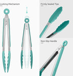 Heat Resistant Silicone Kitchen Tong: U-Taste 9 inch 480ºF Hot Proof Cooking Tong with Firm Sealed Non Stick Rubber Tips & Silicon Coated Steel Handle & Smooth Locking for Serving Grill Salad-Aqua Sky