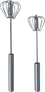 Stainless Steel Push Whisk - Easy to Use Manual Hand Mixer & Plunger Whisk - Make Froth, Foam & Whipped Cream - Semi Auto Egg Beater Plastic Tip Won’t Scratch Pans (2 Pack 10in & 12in) STEEL