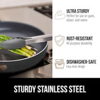 GORILLA GRIP Stainless Steel Heat Resistant Kitchen Tongs for Cooking, 9 + 12 Inch, Set of 2 BBQ Tong, Non Scratch Silicone Tip for Pan, Strong Grip, Grab Food, Toss Salad, Air Fryer, Pull Lock, Gray