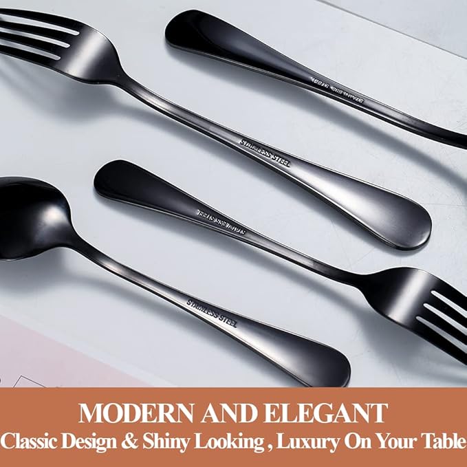 Lazycorner 40 Pcs Black Silverware Set for 8, Mirror Polished Flatware Set Stainless Steel Fork Knife Spoon, Food Grade Eating Utensils Sets, Reusable Silverwear Cutlery Set, Dishwasher Safe
