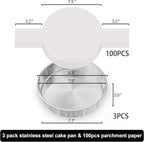8 Inch Round Cake Pans Set of 3, Nonstick Stainless Steel Baking Pans Set with 100PCS Parchment Papers, Durable Birthday Christmas Circle Layer Cake Pans, Cake Pans Sets for Baking, Dishwasher Safe