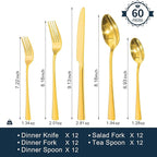 KINGSTONE Silverware Set for 12, 60-Piece Forged 18/10 Stainless Steel Flatware Set, Mirror Finish Cutlery Set Dishwasher Safe for Home, Restaurant, Wedding, Party, Gold