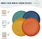 Wrova Wheat Straw Plates - 10 Inch Unbreakable Dinner Plates Set of 8 - Dishwasher & Microwave Safe Plastic Plates Reusable - Lightweight Plates for kitchen,camping (Colorful Series)