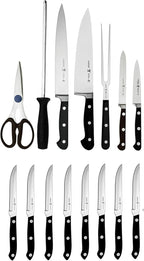 HENCKELS Classic Razor-Sharp 16-Piece Knife Block Set, Chef Knife, Bread Knife, Carving Fork and Knife, German Engineered Informed by 100+ Years of Mastery, Dark Brown Block