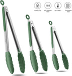 600ºF Heat Resistant Kitchen Tongs, Premium Locking Cooking Tongs with Silicone Tips, Non-Slip Food Tongs for Cooking, Non-Stick, Heavy Duty Stainless Steel Handle, Set of 3-7" 9" and 12" Turquoise