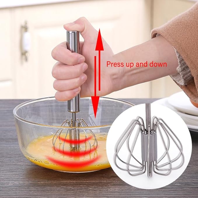Stainless Steel Semi-Automatic Whisk, Hand Push Rotary Whisk Blender, Versatile Milk Frother for Blending, Whisking, Stirring (13 Inch)