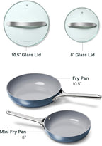 Caraway Ceramic Nonstick Fry Pan Set with Glass Lids – Includes Two 10.5” Fry Pans, One 8” Fry Pan, & Three Lids - Non Toxic, PTFE & PFOA Free - Oven Safe & Compatible with All Stovetops - Navy