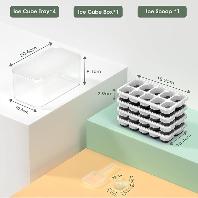 DOQAUS Ice Cube Tray with Lid and Bin, 4 Pack Silicone Plastic Ice Cubes Trays for Freezer with Box/Container, Stackable with Storage Iced Bucket Kits, Scoop, for RV, Soup, Food, Cocktail, Coffee