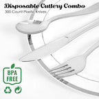 FOCUSLINE 300 Pack Disposable Silver Plastic Knives, Solid and Durable Plastic Cutlery Knives, Heavy Duty Disposable Utensil Silverware for Catering, Parties, Dinners, Weddings