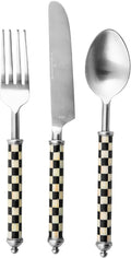 MACKENZIE-CHILDS Supper Club 3-Piece Place Setting, Fork, Spoon, and Knife Dinner Flatware Set, Black-and-White Courtly Check