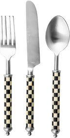 MACKENZIE-CHILDS Supper Club 3-Piece Place Setting, Fork, Spoon, and Knife Dinner Flatware Set, Black-and-White Courtly Check