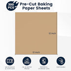 300 PCS Parchment Paper Sheets 12x12 Inch, Unbleached Parchment Paper for Baking, Non-Stick Precut Parchment Sheets for Baking Grilling Frying Steaming
