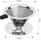 Slow Drip Paperless Coffee Filter, Pour Over Coffee Dripper, Reusable Pour Over Coffee Maker for Single Cup Brew, Double Mesh Design of Stainless Steel Cone Filter, with Clean Brush (1-4 cups)