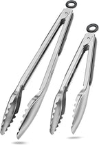 Cooking Tongs with Teeth, Premium Stainless Steel Kitchen Tongs Set of 2-9" and 12", Heavy Duty Locking Metal Food Tongs with Non-Slip Grip - Black