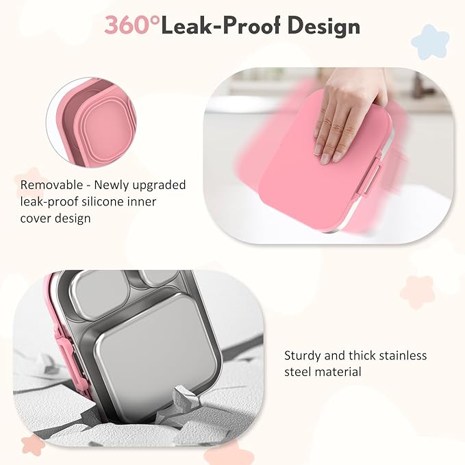 Stainless Steel Bento Box Kids, Leak Proof Metal Bento Lunch Box,3 Compartments 304 Stainless Steel Bento Lunch Containers for School and Office, BPA-Free(Pink)