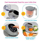 EVLA'S Baby Food Maker, Steamer, Blender, Baby Food Processor for Healthy Homemade Baby Food in Minutes, Touch Screen with 6 Reusable Food Pouches, Baby Registry Essential, Grey
