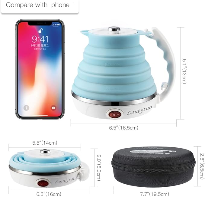 Ultrathin Upgraded Food Grade Silicone Travel Foldable Electric Kettle Boil Dry Protection Portable with Dual Voltage and Separable Power Cord,555ML 110-220V US Plug