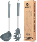 Silicone Pasta Fork and Ladle Spoon Set, Large Non Stick Kitchen Utensils for Cooking,Stirring,Serving Spaghetti, Soup, Sauce (GRAY)