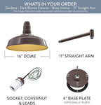 Steel Lighting Co. Gardena Barn Light | Outdoor Wall Mounted | 16" Dome | 11" Straight Arm | Farmhouse Light Made in America | Dark Bronze Exterior/Brass Interior