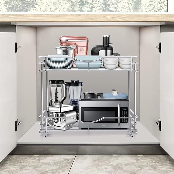 FULGENTE Chrome Finish 2 Tier (17" W X 18" D) Pull Out Drawer Cabinet Organizer Heavy Duty Slide Out Pantry Shelves Sliding Basket Storage For Home Kitchen Bathroom Under Sink Organization
