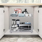 FULGENTE Chrome Finish 2 Tier (17" W X 18" D) Pull Out Drawer Cabinet Organizer Heavy Duty Slide Out Pantry Shelves Sliding Basket Storage For Home Kitchen Bathroom Under Sink Organization
