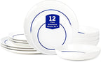 Stone Lain Luna 12-Piece Porcelain Dinnerware Set, Plates and Bowls Set, Dish Set for 4, Blue