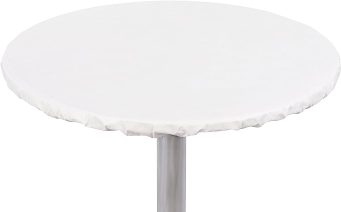 Yourtablecloth Heavy Duty Vinyl Round Fitted Tablecloth (Table Cover) with Flannel Backing Vibrant Colors Elasticized Tablecloth Great for Indoor and Outdoor Dining and Playing Cards 54” White