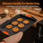 3-Pack Baking Sheet Pan Set, Nonstick Cookie Sheets with Orange Silicone Handles, Easy to Clean Bakeware Trays for Oven Roasting & Baking