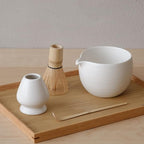 Matcha Whisk Set, Ceramic Matcha Bowl & Whisk Holder, Bamboo Accessory, Modern Design (White, Pouring Spout)