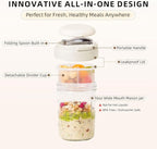 2 Pack Overnight Oats Containers with Lids and Handles, Folding Spoons & Divided Compartments for Fruit & Nuts, 16oz Glass Mason Jars for Oatmeal, Meal Prep & Breakfast (Cream 2pcs)