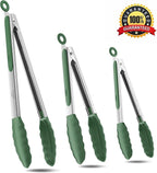 600ºF Heat Resistant Kitchen Tongs, Premium Locking Cooking Tongs with Silicone Tips, Non-Slip Food Tongs for Cooking, Non-Stick, Heavy Duty Stainless Steel Handle, Set of 3-7" 9" and 12" Turquoise