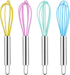 4 Pack Colorful Mini Silicone Kitchen Whisks with Stainless Steel Handles for Milk Egg Blending Stirring Whisking and Beating(4 Colors,6 Inches)