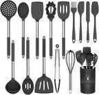 Kitchen Utensils Set, 14 Pcs Silicone Cooking Utensils Set with Holder and Heat Resistant Stainless Steel Handle for Nonstick Cookware - Black