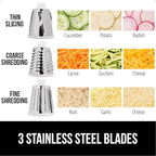 GORILLA GRIP BPA-Free Rotary Cheese Grater Hand Crank, Easy to Set Up, Strong Suction Base for Kitchen Countertop, Shred Potato, Vegetable, Nuts in Seconds, Round Mandoline Slicer, 3 Blades, Red
