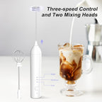 Rechargeable Milk Frother by ELMWAY, 3 Speed Electric Milk Frother Handled with Wand and Egg Whisk Attachments, for Coffee, Matcha and Protein Powder (White without Stand)