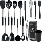 Kitchen Utensils Set, 14 Pcs Silicone Cooking Utensils Set with Holder and Heat Resistant Stainless Steel Handle for Nonstick Cookware - Black