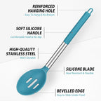 Pack of 2 Large Silicone Cooking Spoons, Non-Stick Stainless Steel Slotted and Solid Spoon Set for Serving, Mixing, Draining, Heat Resistant, Scratch Resistant and BPA Free Kitchen Scoops (Blue)