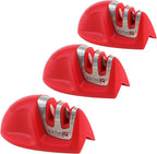 KitchenIQ 51421 | Edge Grip 2-Stage Knife Sharpener | Red – 3 Pack | Coarse & Fine Sharpener | Compact for Easy Storage | Stable Non-Slip Base | Soft Grip Rubber Handle | Straight & Serrated Knives