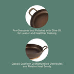 Bloomhouse Natural Bronze Finish 10-Inch Cast Iron Skillet with Long Handle, Helper Handle & Olive Wood Trivet – Olive Oil Treated Fry Pan, Oven & Stovetop Safe