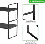 Expandable Kitchen Cabinet Shelf Organizers 2 Pack, Stackable Metal Pantry Storage Shelves Rack, Adjustable Counter Shelf for Cabinets, Countertop, Cupboard Organizers and Storage, Black