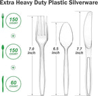 360 Count Extra Heavy Duty Clear Plastic Silverware, 150 Forks, 150 Spoons, 60 Knives, BPA-Free, Heat Resistant, Disposable Plastic Utensils Set, Plastic Cutlery Set, Plasticware Bulk