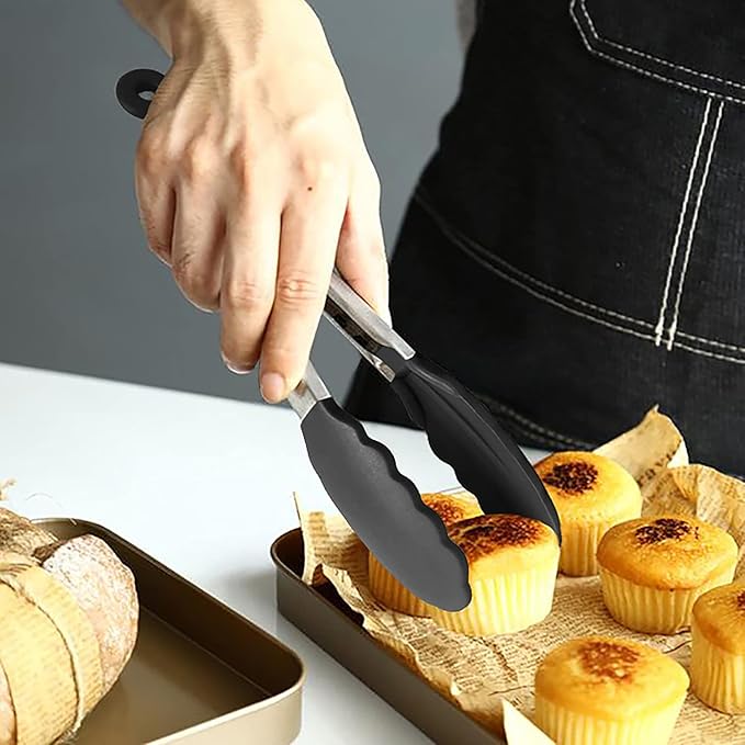 Mini Tongs with Silicone Tips 7-Inch Kitchen Tongs, Set of 3 (Black)