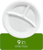PLASTICPRO 9 inch Round Plastic Plates 3 Compartment - 3 Section Plates Microwaveable, Disposable, White, Dinnerware 400 Count