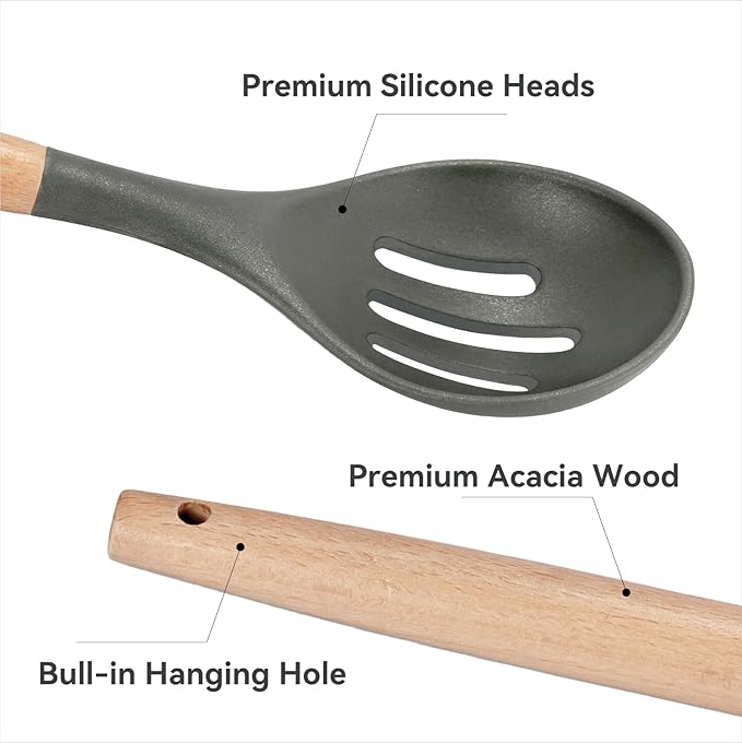 Non-Stick Silicone Cooking Utensils Set, 5 Pcs with Wooden Handle, Heat Resistant Silicone Kitchen Gadgets (Gray)
