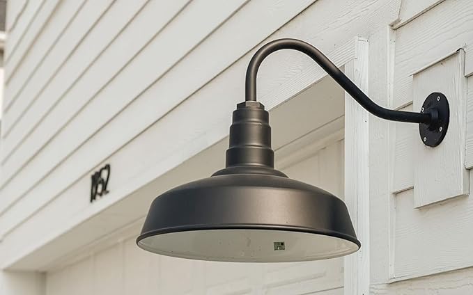 Steel Lighting Co. Gardena Barn Light | Outdoor Wall Mounted | 16" Dome | 11" Straight Arm | Farmhouse Light Made in America | Gray Blue Exterior/Brass Interior