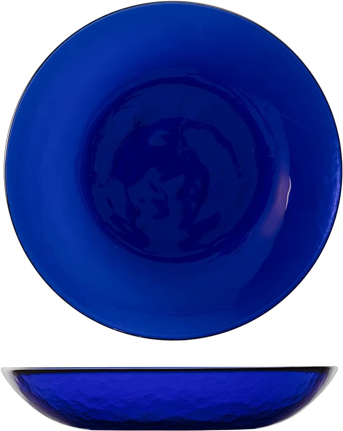 FORTESSA Los Cabos Tableware, 16-Piece Glass Dinnerware Set with 4 Dinner Plates, 4 Salad Plates, 4 Coupe Bowls and 4 Cereal Bowls, Dishwasher-Safe Glass Plate Set, Cobalt Blue