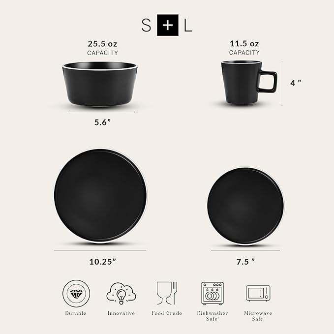 Stone Lain Allison Stoneware Dish Set, 32-Piece Round Dishes for 8, Black and White