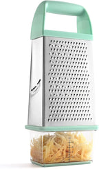 Spring Chef Professional 10" Parmesan Cheese Grater With Container, Stainless Steel & Soft Grip Handle, Handheld Kitchen Cheese Shredder, Box Grater with 4 Sides for Potato, Carrot, Veggie - Mint