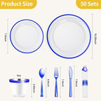 Goodluck 350 Piece Dark Blue Plastic Dinnerware Set for Party, Clear Disposable Plates for 50 Guests, Include: 50 Dinner Plates, 50 Dessert Plates, 50 Pre Rolled Napkins with Cutlery Set, 50 Cups